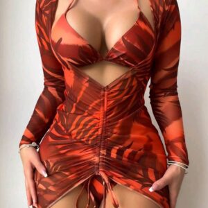 Set de Bikini Halter de 3 Piezas con Cover-Up Ajustable Café