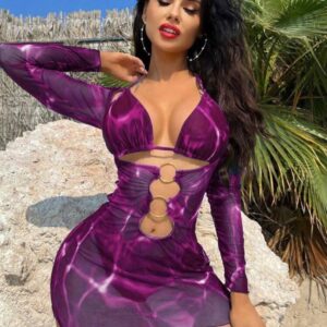 Set de Bikini Halter de 3 Piezas con Cover-Up Floral de Manga Larga