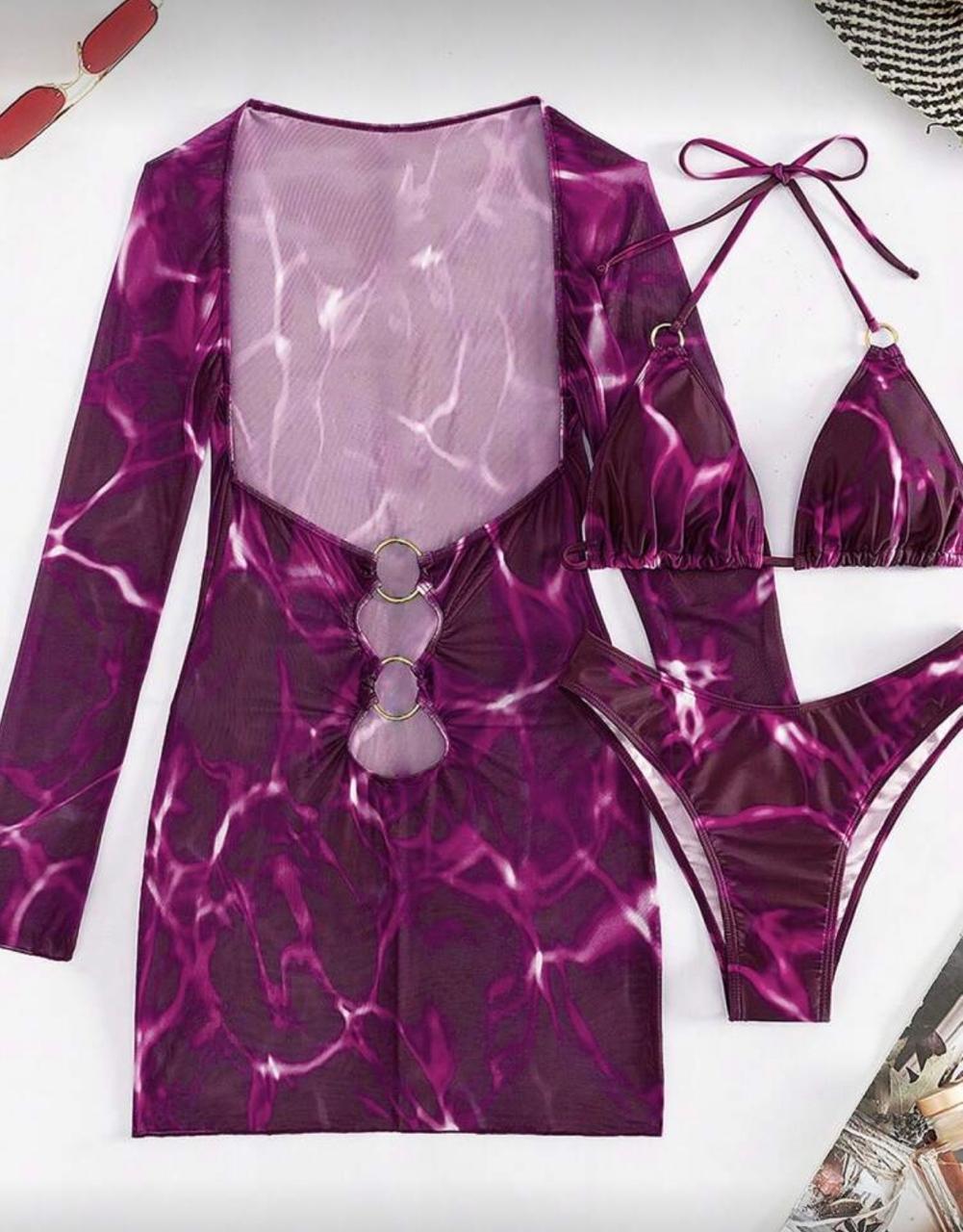 Set de Bikini Halter de 3 Piezas con Cover-Up Floral de Manga Larga - Image 5