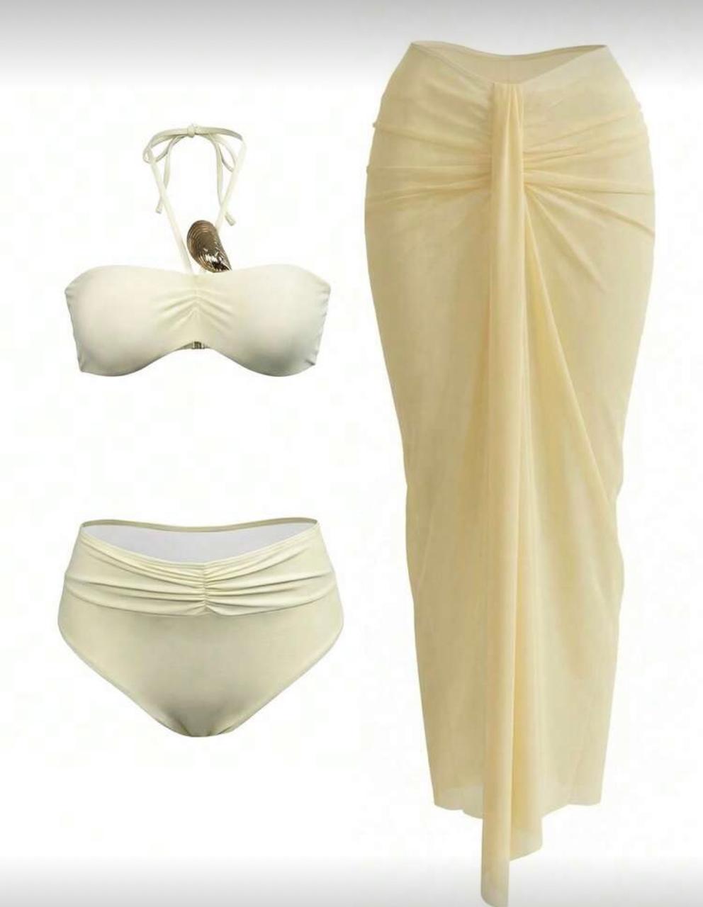 Set de Bikini Strapless de 3 Piezas con Falda Larga Amarillo Pastel - Image 3