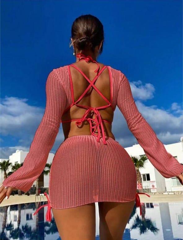Set de Bikini Halter Tanga de 3 Piezas con Cover-Up de Manga Larga - Image 4