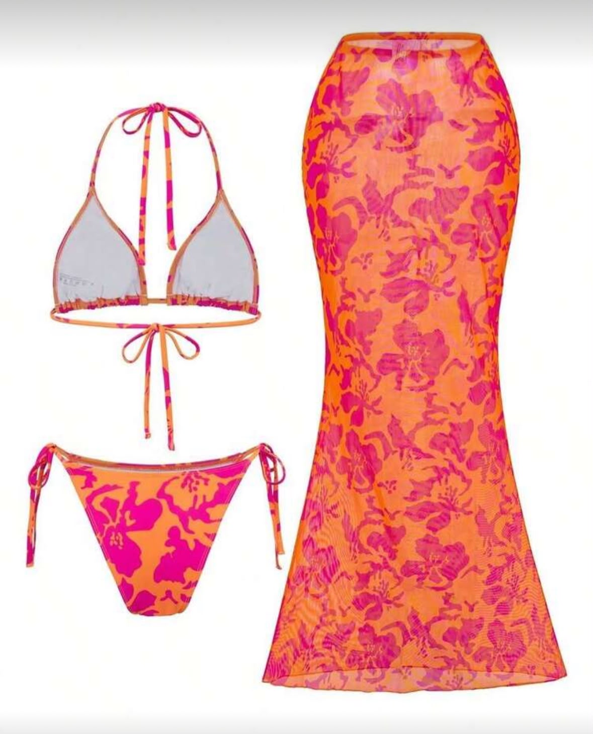Set de 3 piezas bikini halter con falda larga floral naranja y fiusha - Image 3