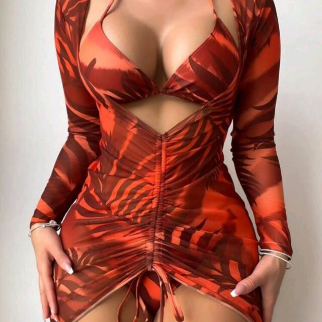 Set de Bikini Halter de 3 Piezas con Cover-Up Ajustable Café