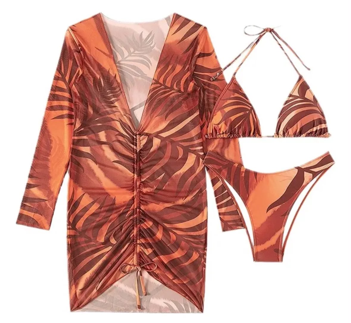 Set de Bikini Halter de 3 Piezas con Cover-Up Ajustable Café - Image 4