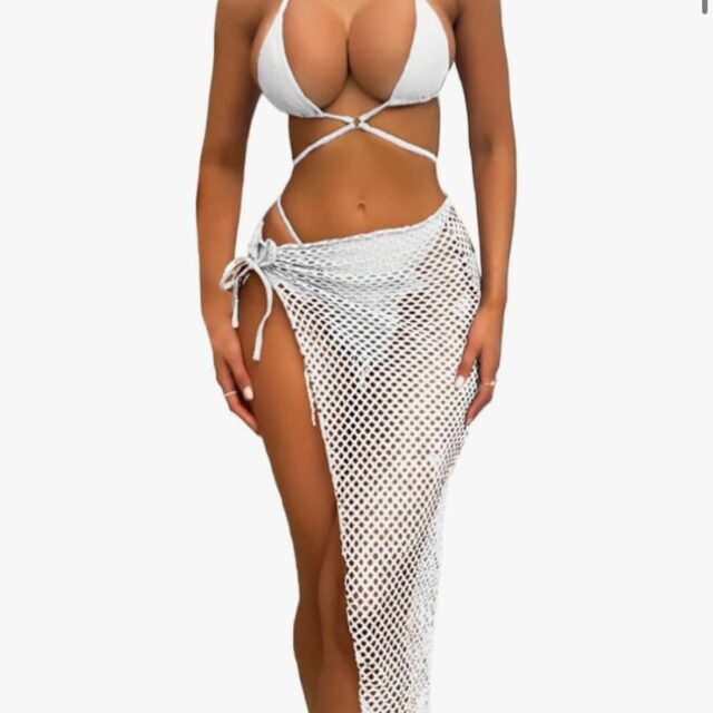 Bikini Halter Tanga Negro y Blanco con Pareo de Red