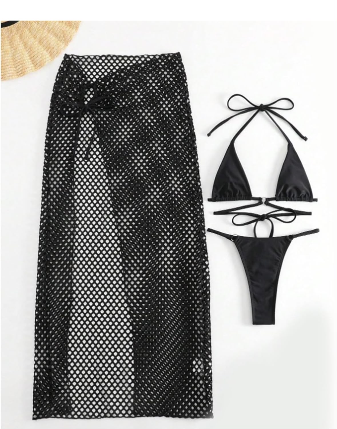 Bikini Halter Tanga Negro y Blanco con Pareo de Red - Image 2