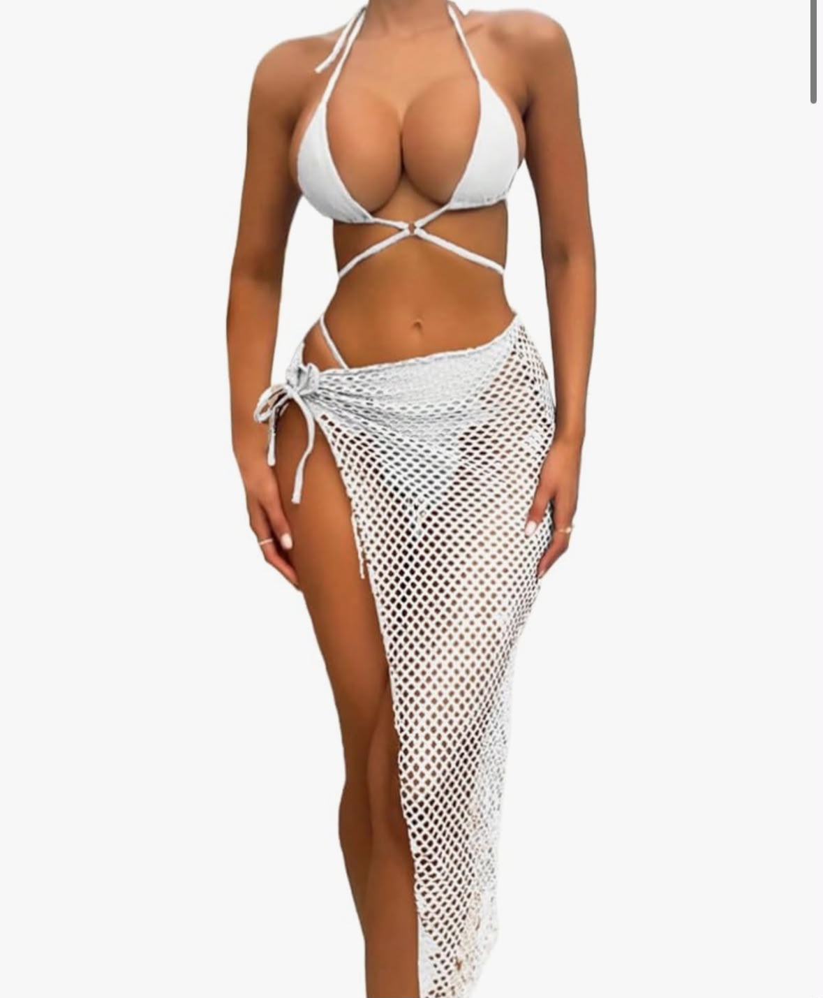 Bikini Halter Tanga Negro y Blanco con Pareo de Red