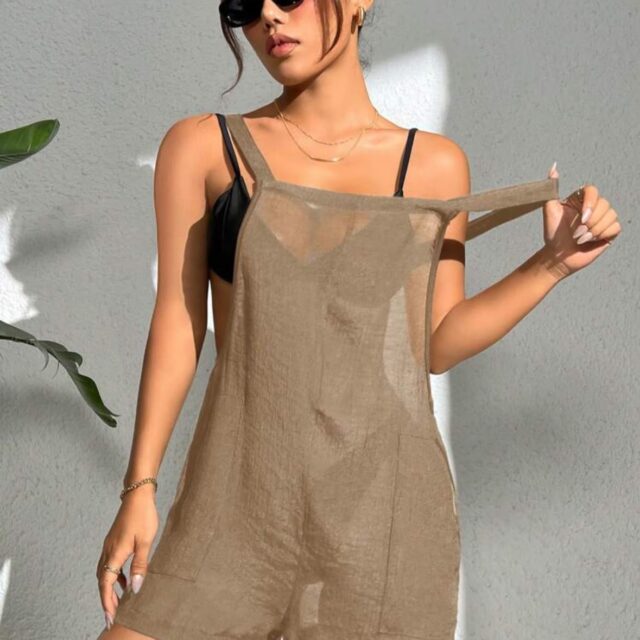Overol Playero Transparente Color Café con Tirantes Anchos