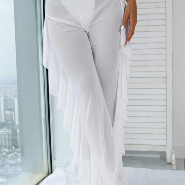 Pantalón Playero Transparente Blanco con Olanes a los Costados