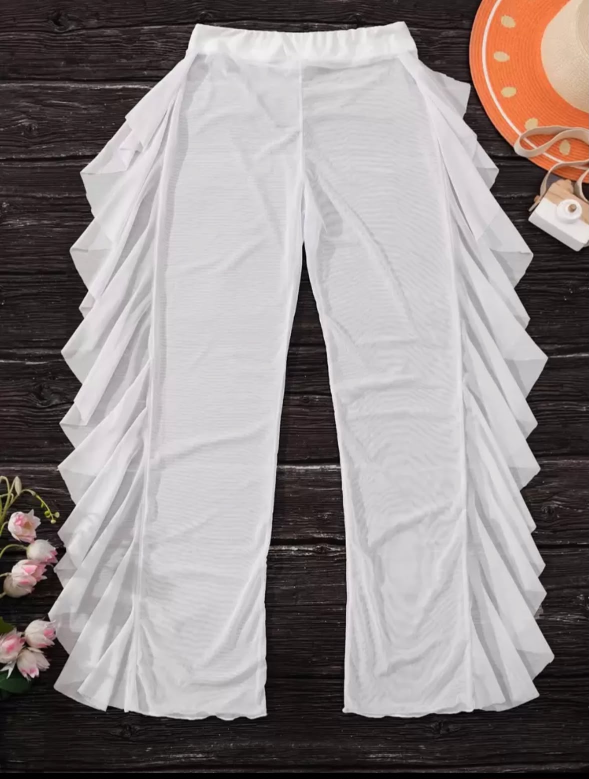 Pantalón Playero Transparente Blanco con Olanes a los Costados - Image 2