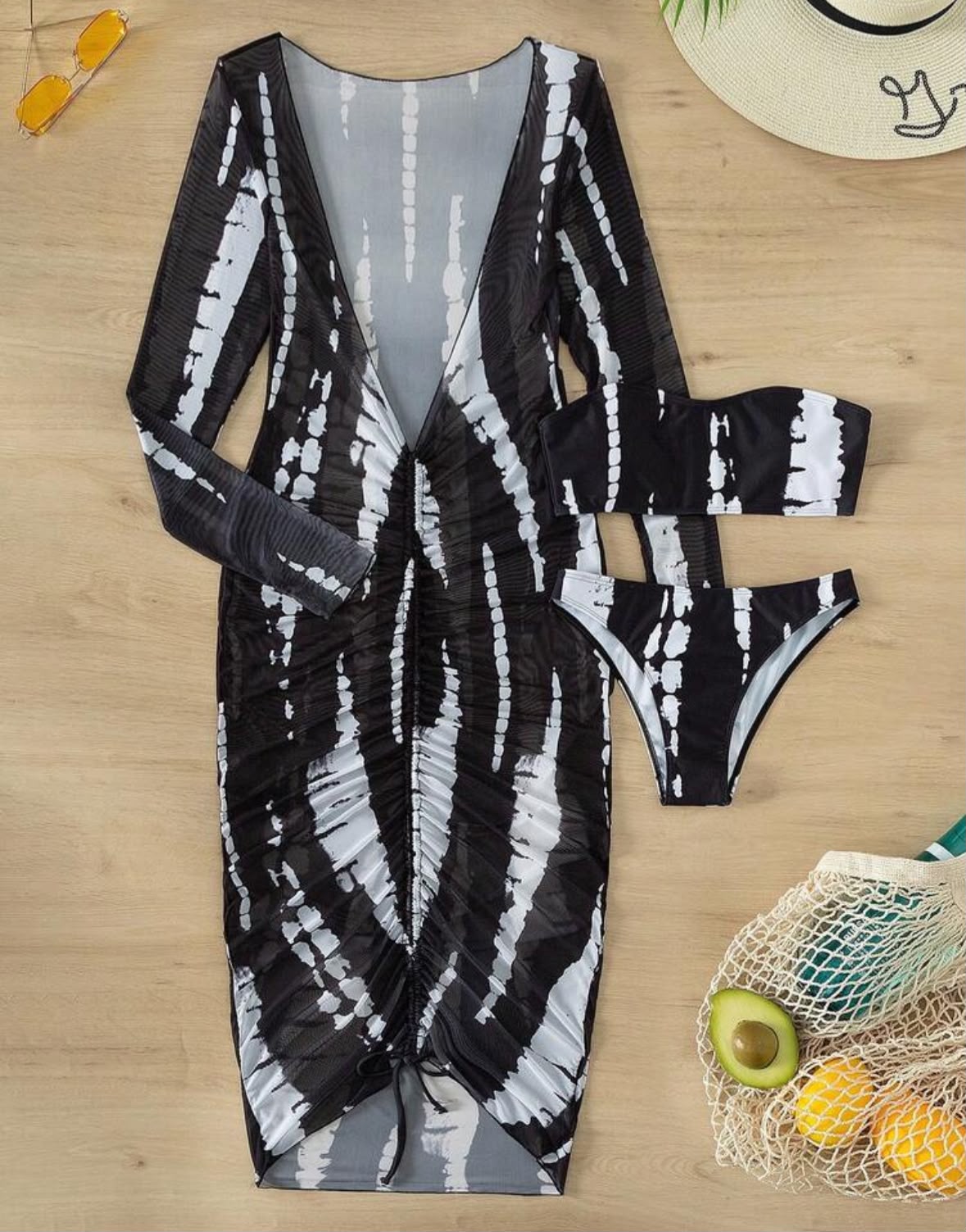 Set de 3 piezas top tipo Bandeau con cover up manga larga tie-dye - Image 3