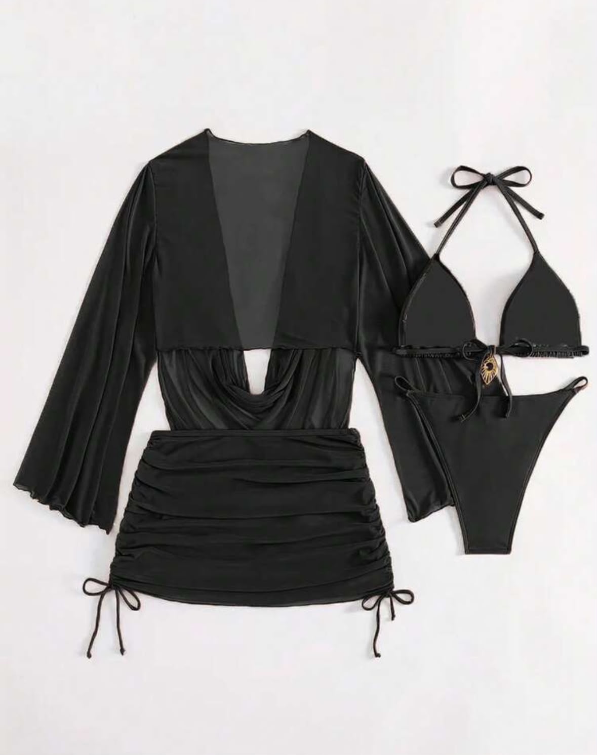 Set de 4 piezas en color negro: bikini halter con detalle dorado, top de manga larga - Image 2